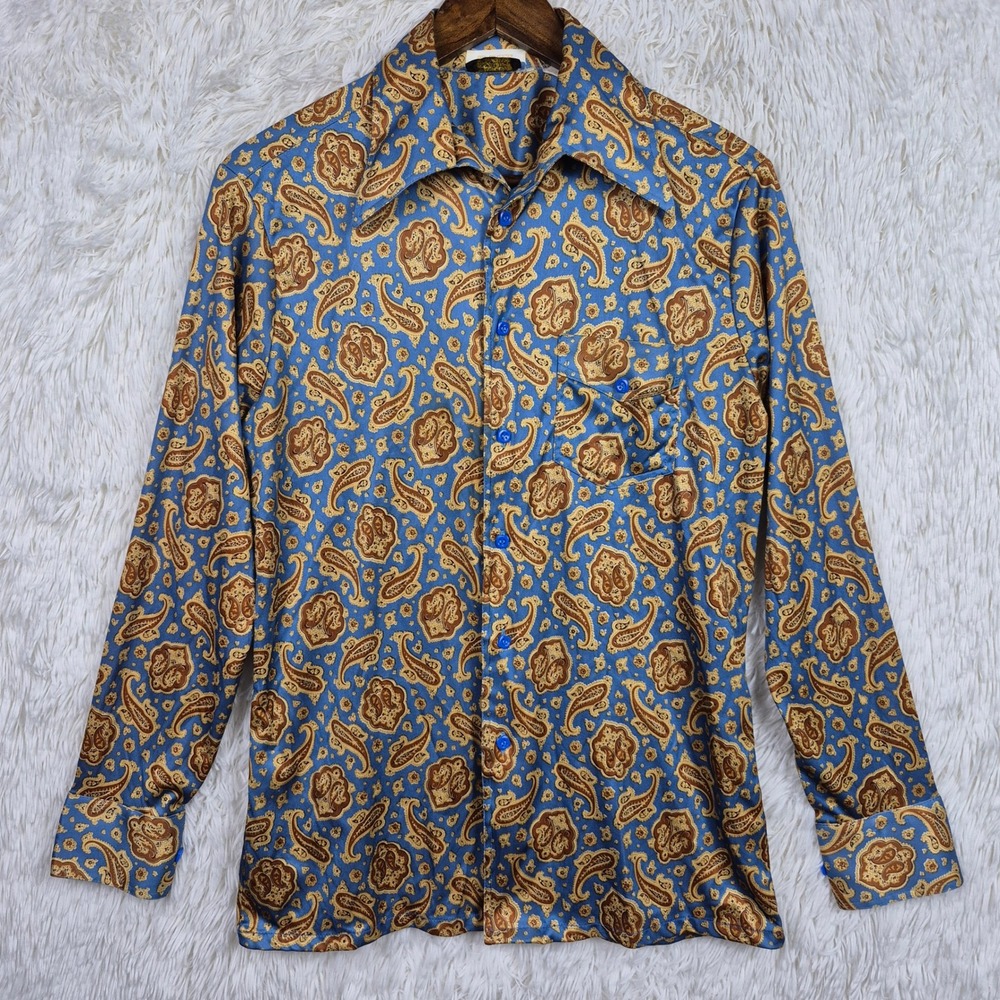 VTG Towncraft JCPenney Mens Blue Gold Paisley Polyester Disco Shirt Dagger 70s